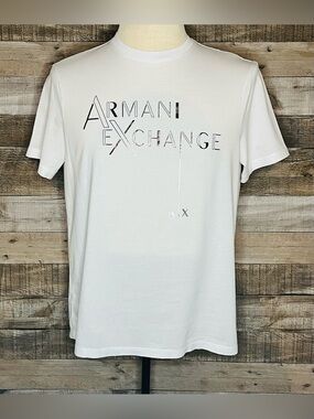 Armani Exchange White Short-Sleeve 
T-shirt with Silver Metallic Logo